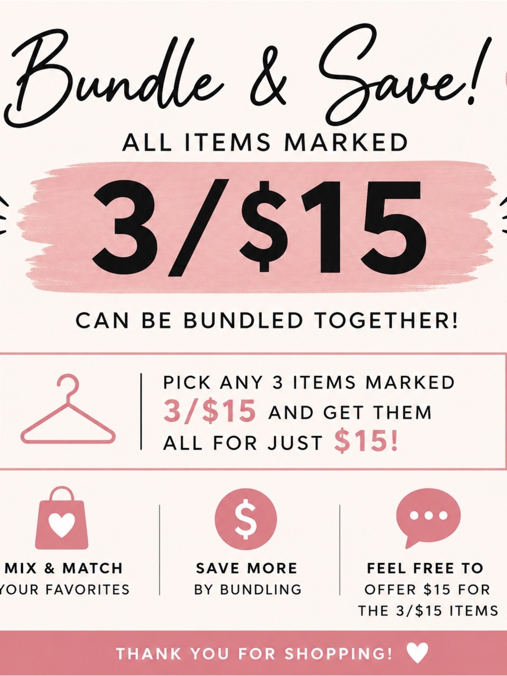 3 for $15 Bundle Deal - Pink & Black Promotional Sign